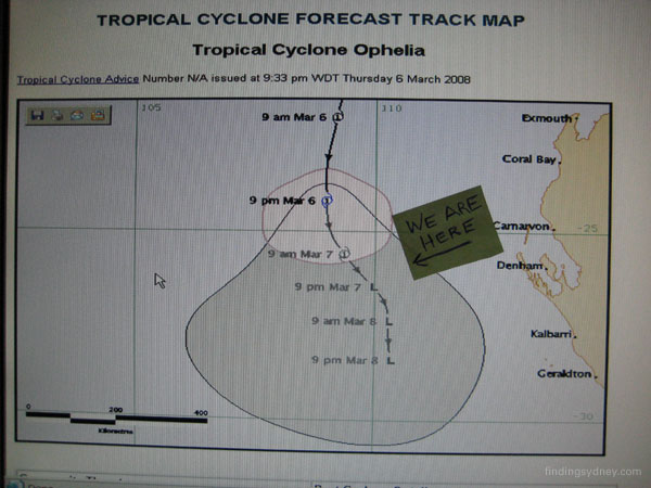 Weather map showing the track of Tropical Cyclone Ophelia.